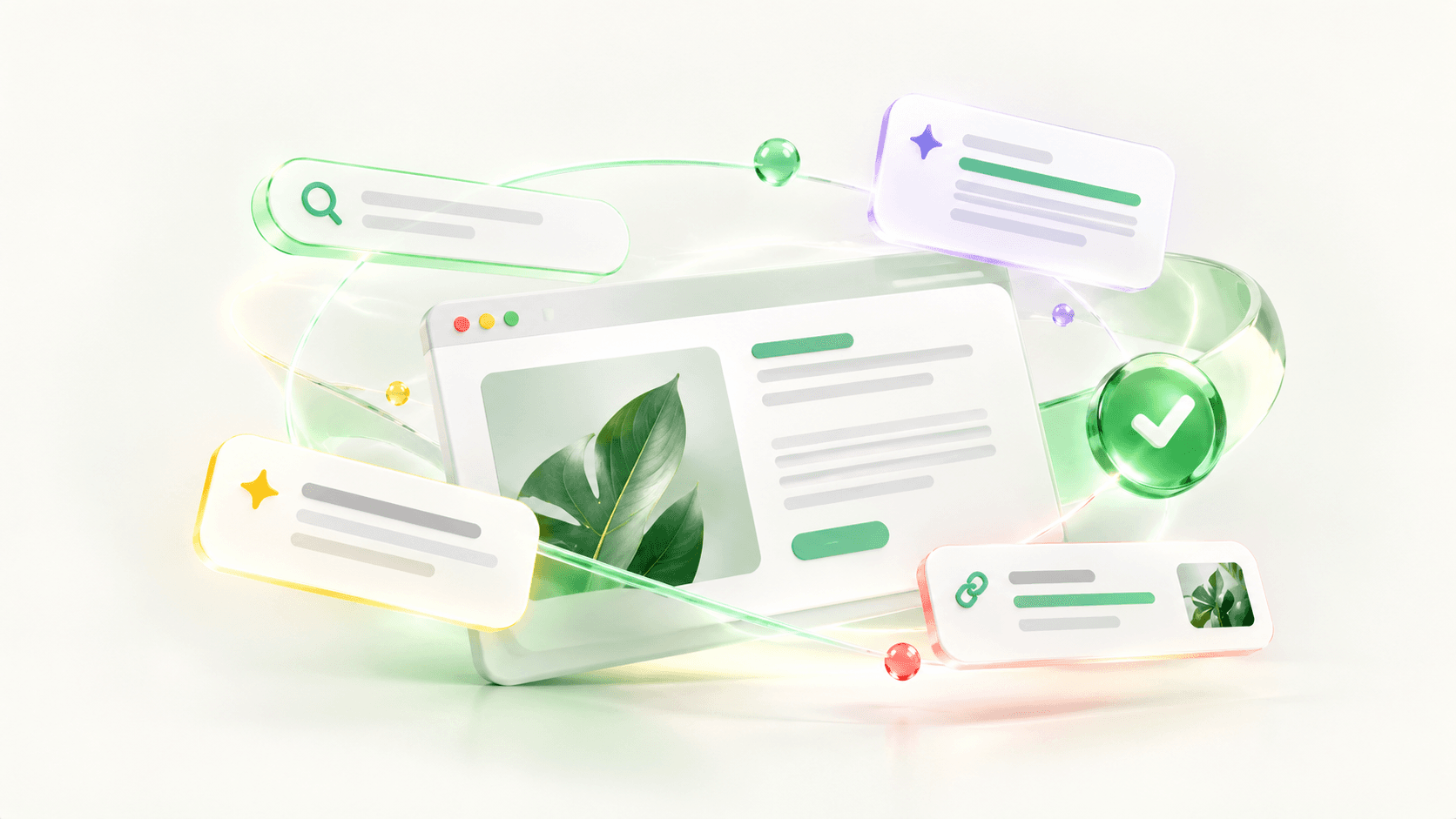 3D illustration of a website surrounded by AI search elements, content cards, and a green checkmark representing online visib